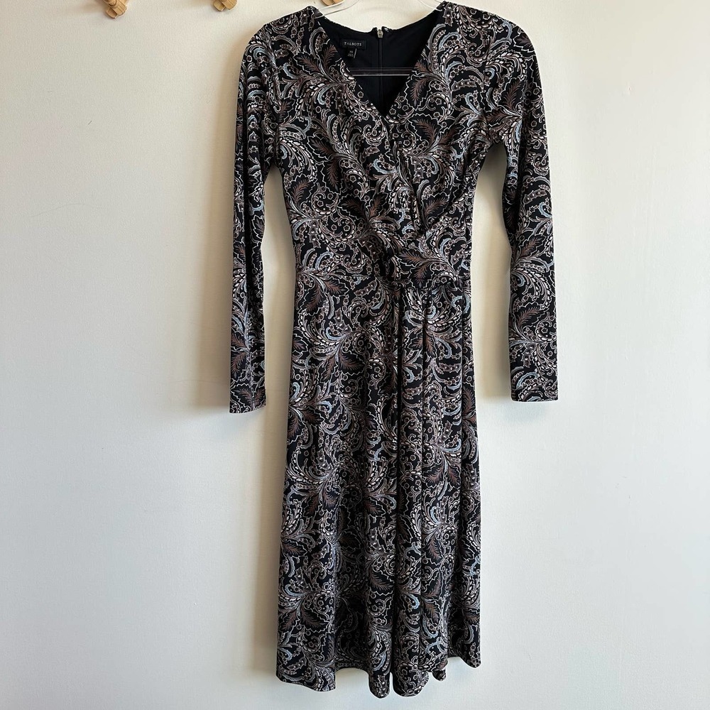NWT Talbots Jersey Knit Midi Dress Long Sleeve A-Line Black Multi Size XS